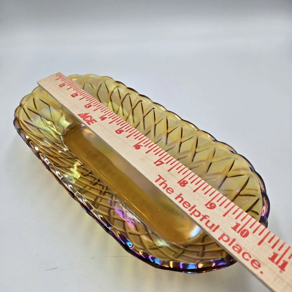 Vintage‎ Indiana Glass Oblong Bowls Relish Dish Iridescent Gold Carnival 10.5